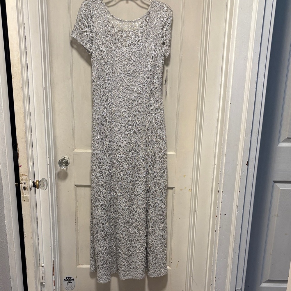 Alex Evening Silver and GrayElegant Lace Maxi Dress Brand New 8